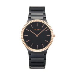 Obaku Linje Ink Quartz Black Dial IP Black Steel Rose Gold Bezel Watch