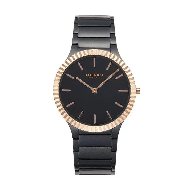 Obaku Linje Ink Quartz Black Dial IP Black Steel Rose Gold Bezel Watch